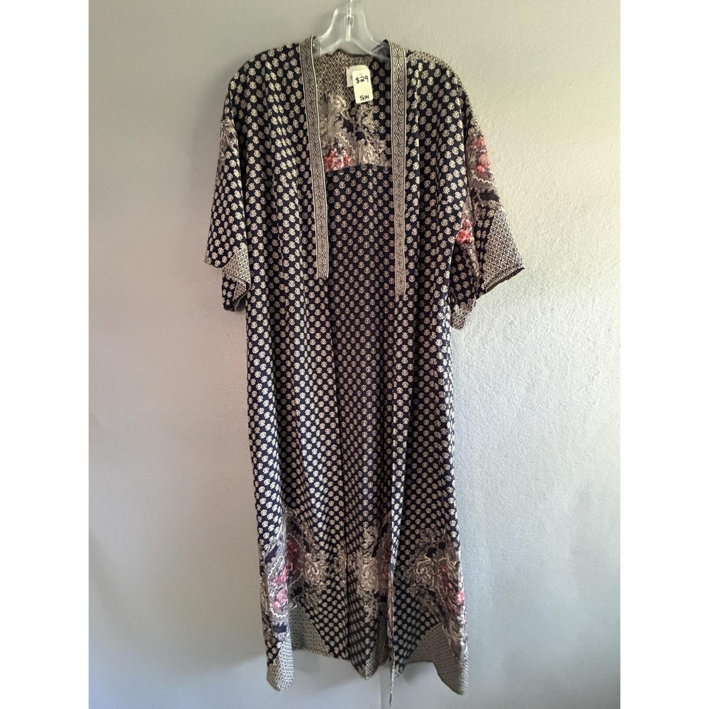 Black Bead Kaftan Dress Womens S/M Blue Floral Border Short Sleeve Maxi Boho